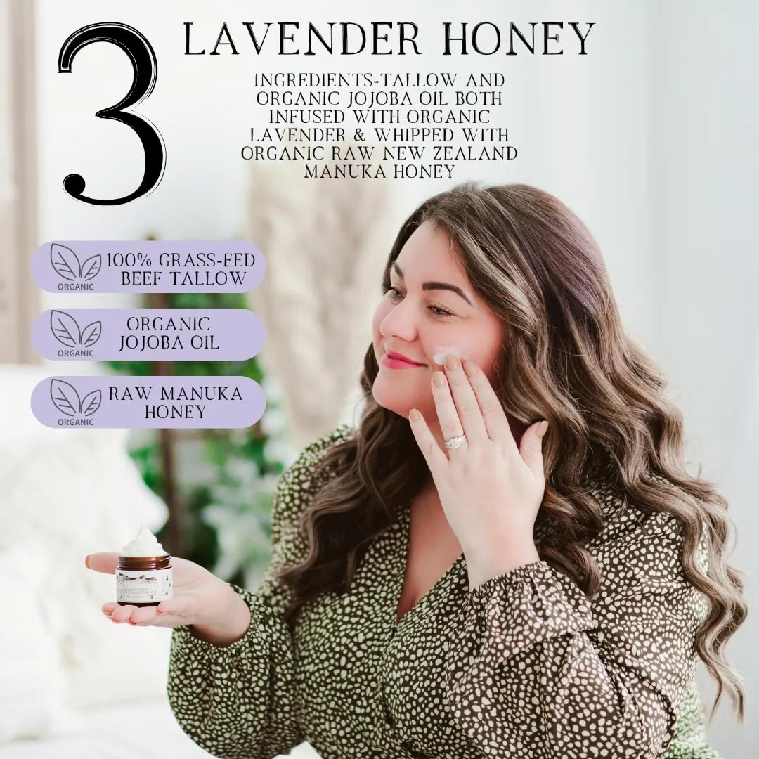100% Grass-Fed Whipped Tallow Balm-Organic Raw Manuka Honey & Organic Jojoba Oil, Face and Body Moisturizer for Dry, Sensitive Skin, Eczema (Lavender Honey)