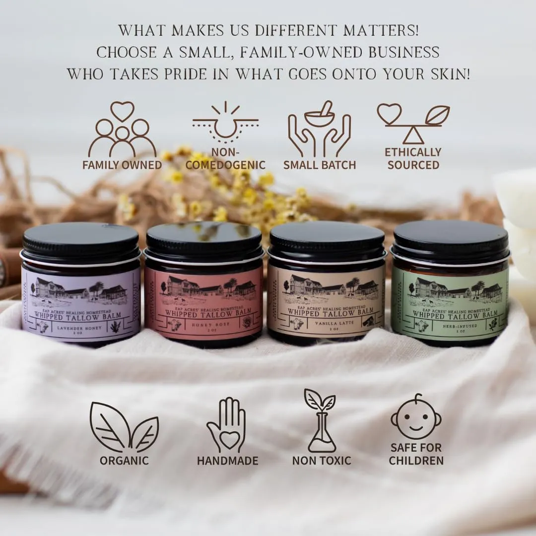 100% Grass-Fed Whipped Tallow Balm-Organic Raw Manuka Honey & Organic Jojoba Oil, Face and Body Moisturizer for Dry, Sensitive Skin, Eczema (Lavender Honey)