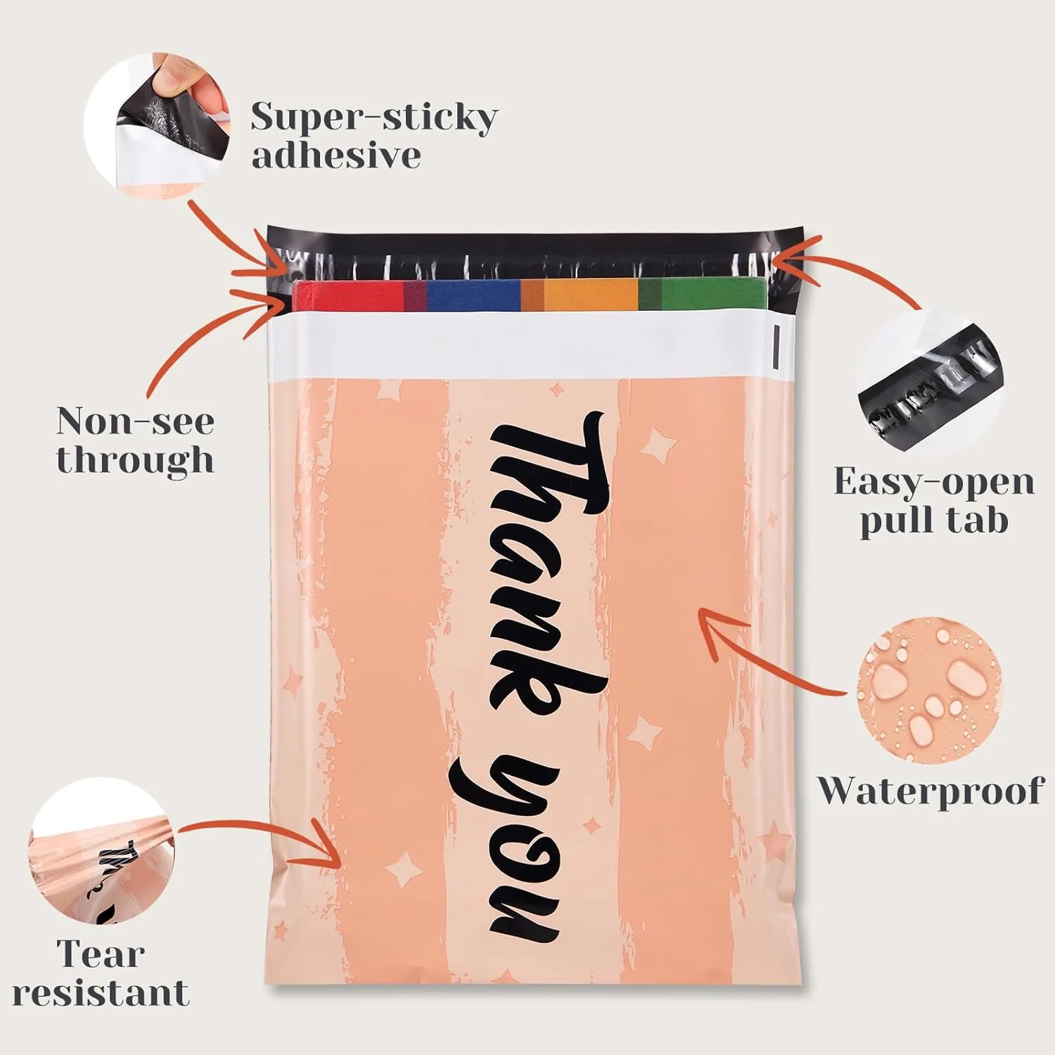 10x13 Inch TONESPAC 100 Pack 3.15Mil Poly Mailers Designed Shipping Bags, Self-Sealing Shipping Envelopes for Small Business, Waterproof Poly Mailing Bags -Thank You (Peach Pink)
