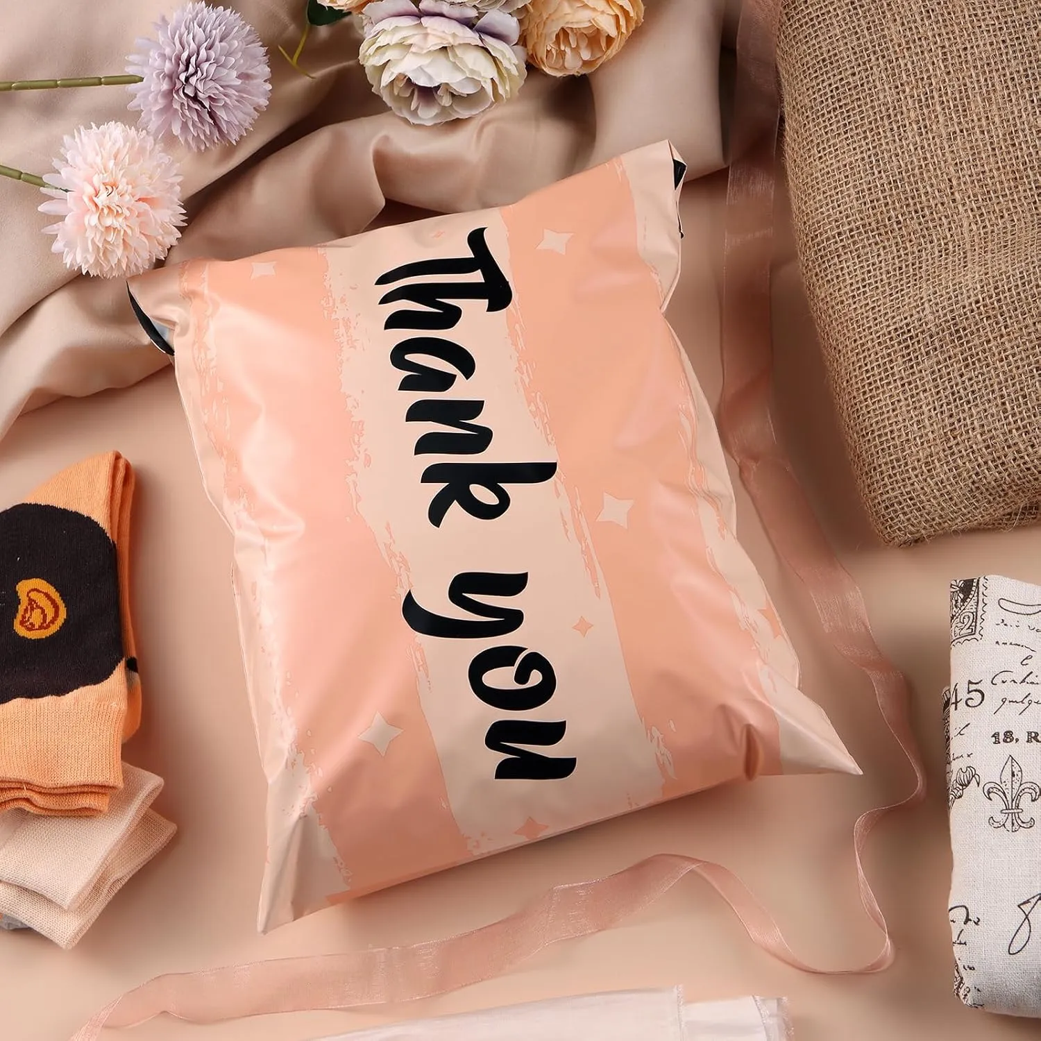 10x13 Inch TONESPAC 100 Pack 3.15Mil Poly Mailers Designed Shipping Bags, Self-Sealing Shipping Envelopes for Small Business, Waterproof Poly Mailing Bags -Thank You (Peach Pink)