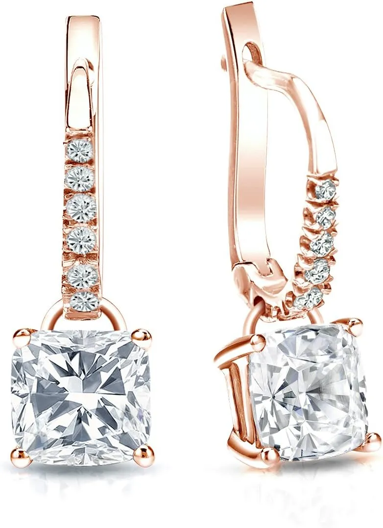 14k Gold Dangle 4-Prong Basket Cushion-cut Diamond Earrings (1/2-2 ct, H-I, I1-I2) Lever-Backs