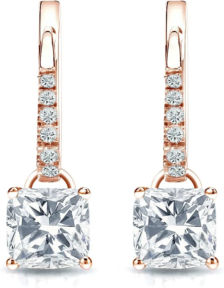 14k Gold Dangle 4-Prong Basket Cushion-cut Diamond Earrings (1/2-2 ct, H-I, I1-I2) Lever-Backs