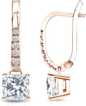 14k Rose Gold Cushion Diamond Dangle 4-Prong Basket Earrings (1/2-2 cttw, White, SI2-I1) Lever-Back