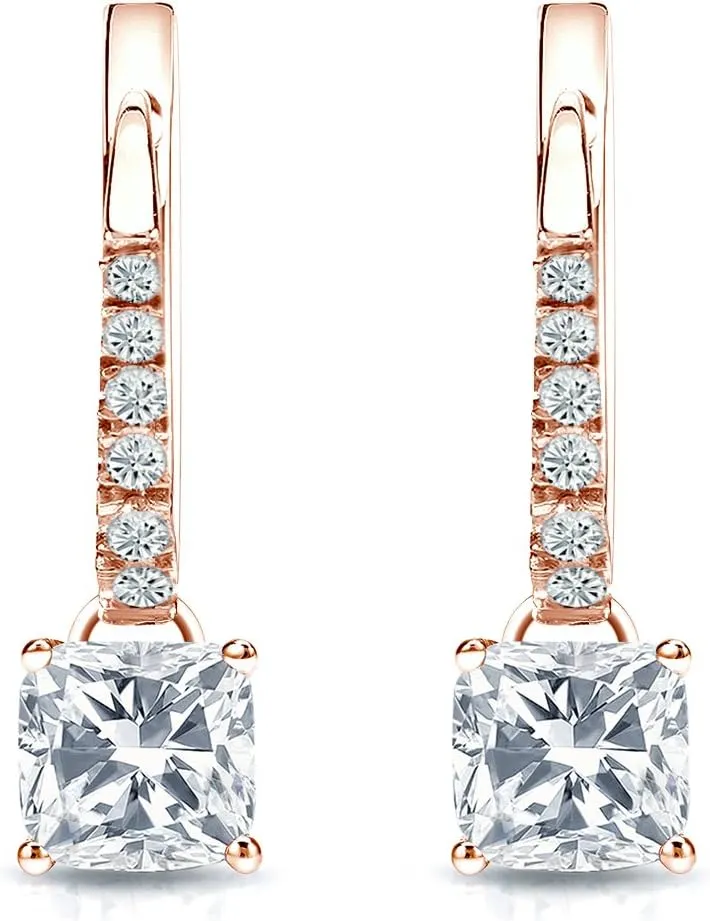 14k Rose Gold Cushion Diamond Dangle 4-Prong Basket Earrings (1/2-2 cttw, White, SI2-I1) Lever-Back