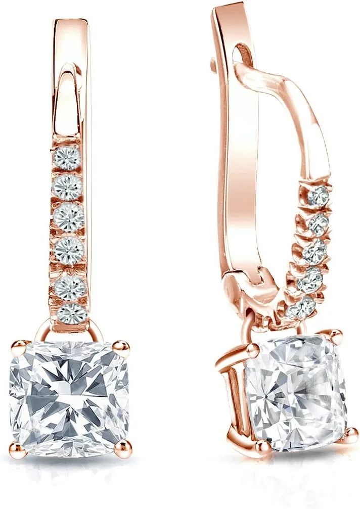 14k Rose Gold Cushion Diamond Dangle 4-Prong Basket Earrings (1/2-2 cttw, White, SI2-I1) Lever-Back