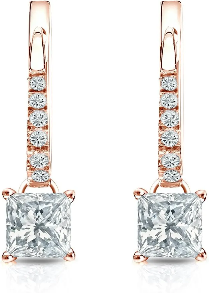 14k Rose Gold Princess Diamond Dangle 4-Prong Basket Earrings (1/2-3ct, O. White, I1-I2) Lever-Back
