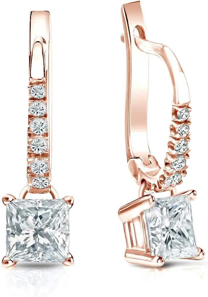14k Rose Gold Princess Diamond Dangle 4-Prong Basket Earrings (1/2-3ct, O. White, I1-I2) Lever-Back