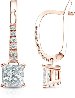 14k Rose Gold Princess Diamond Dangle 4-Prong Basket Earrings (1/2-3ct, O. White, I1-I2) Lever-Back