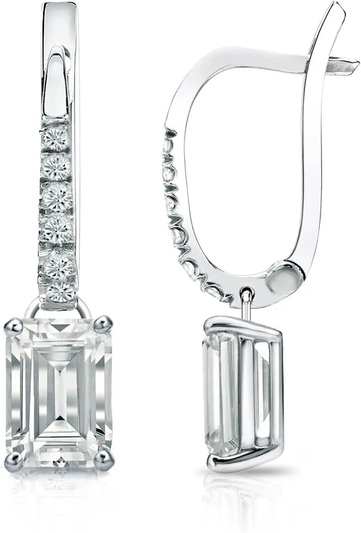 14k White Gold Emerald Diamond Dangle 4-Prong Basket Earrings (1/2-2 cttw,O.White,I1-I2) Lever-Back