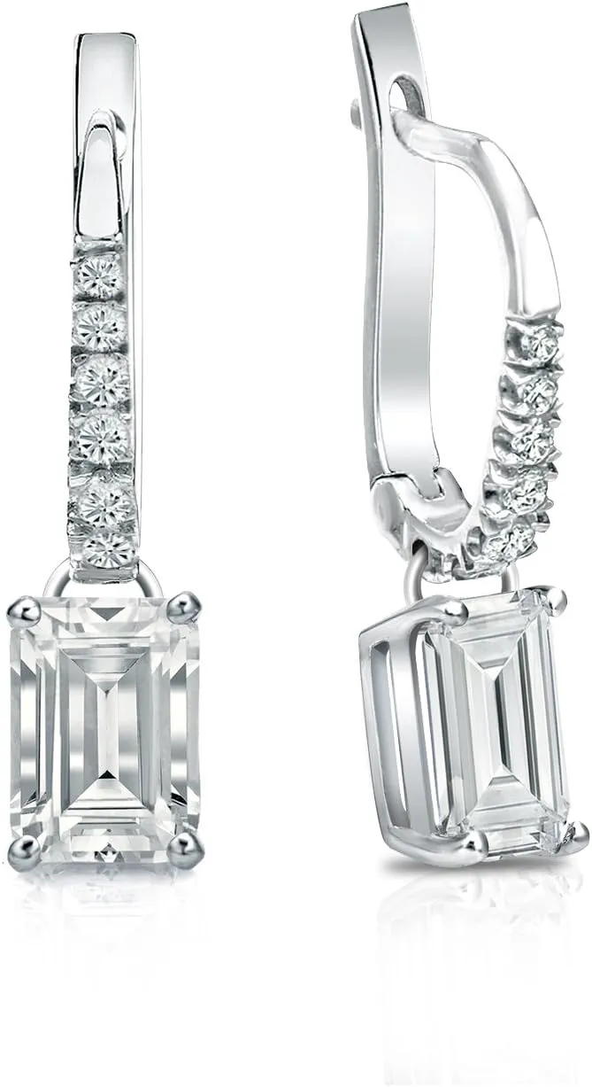 14k White Gold Emerald Diamond Dangle 4-Prong Basket Earrings (1/2-2 cttw,O.White,I1-I2) Lever-Back