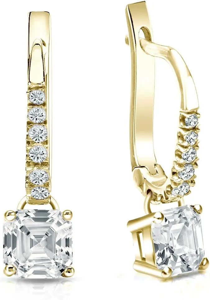 14k Yellow Gold Asscher Diamond Dangle 4-Prong Basket Earrings (1/2-2 cttw, White, SI2-I1) Lever-Back