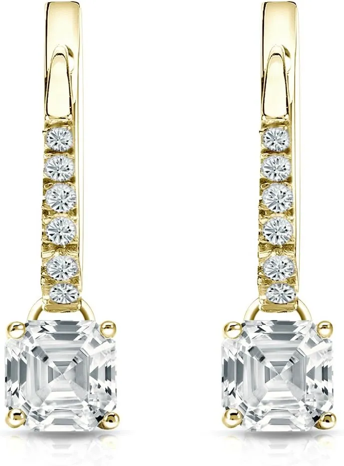 14k Yellow Gold Asscher Diamond Dangle 4-Prong Basket Earrings (1/2-2 cttw, White, SI2-I1) Lever-Back