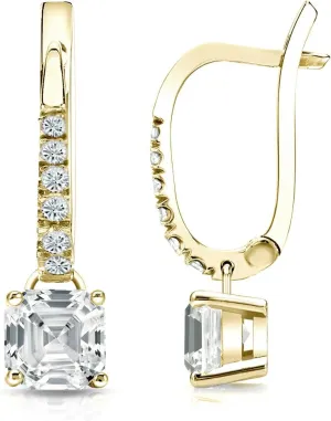 14k Yellow Gold Asscher Diamond Dangle 4-Prong Basket Earrings (1/2-2 cttw, White, SI2-I1) Lever-Back