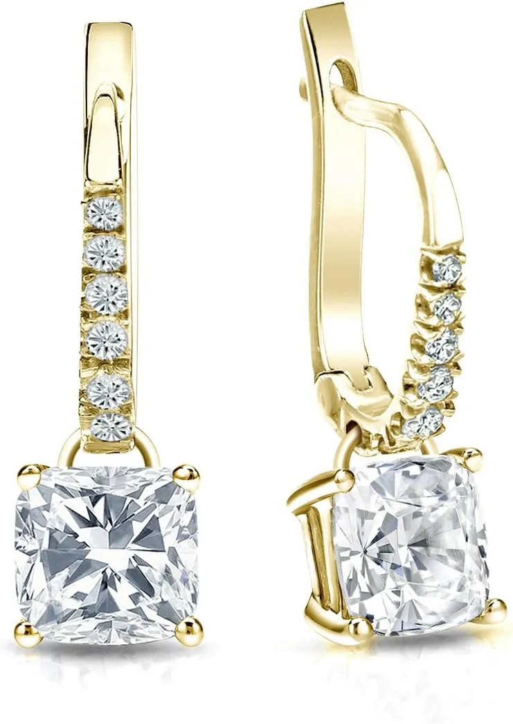 14k Yellow Gold Cushion Diamond Dangle 4-Prong Basket Earrings (1/2-2 cttw, O. White, I1-I2) Lever-Back