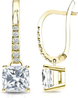 14k Yellow Gold Cushion Diamond Dangle 4-Prong Basket Earrings (1/2-2 cttw, O. White, I1-I2) Lever-Back