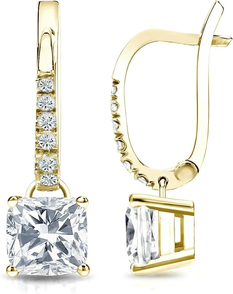 14k Yellow Gold Cushion Diamond Dangle 4-Prong Basket Earrings (1/2-2 cttw, O. White, I1-I2) Lever-Back