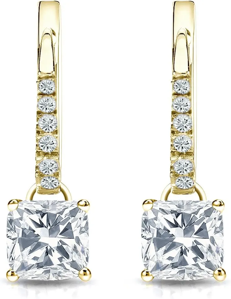 14k Yellow Gold Cushion Diamond Dangle 4-Prong Basket Earrings (1/2-2 cttw, O. White, I1-I2) Lever-Back