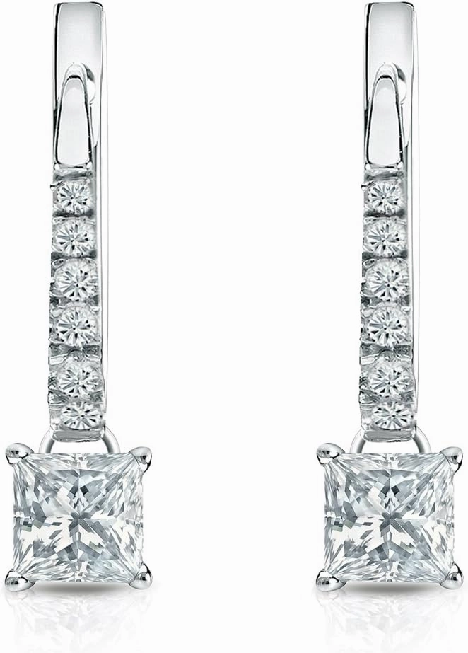 14k Gold Dangle 4-Prong Basket Princess-cut Diamond Earrings (1/2-3 ct, H-I, SI2-I1) Lever-Backs