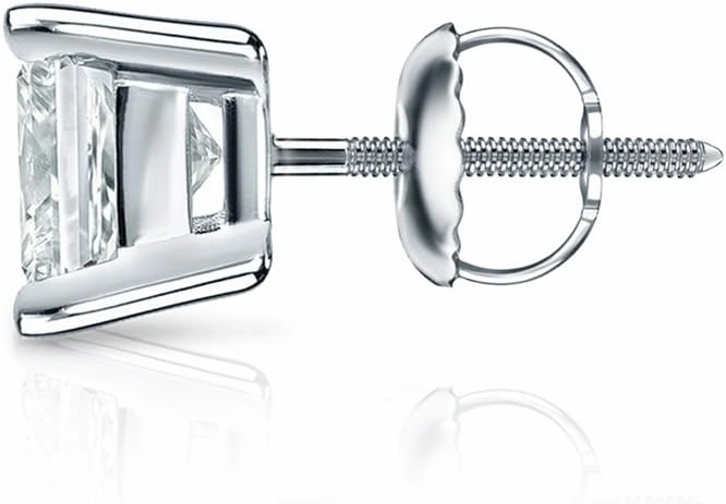 14k White Gold 4-Prong Basket Princess-cut Diamond Men SINGLE STUD Earring (1/8-1ct,H-I,I1-I2) Screw-Back