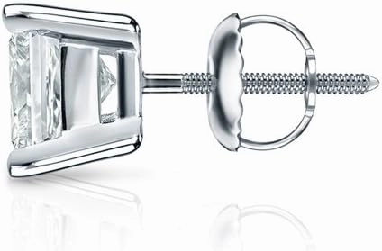 14k White Gold 4-Prong Basket Princess Diamond SINGLE STUD Earring (1/8-1ct,H-I,SI2-I1) Screw-Back