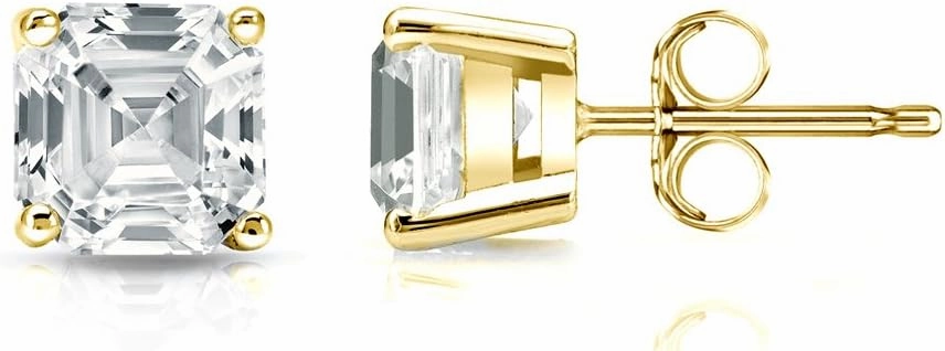 14k Yellow Gold 4-Prong Basket Asscher Diamond Men Stud Earrings (1/2-2ct,White,SI2-I1) Push-Back