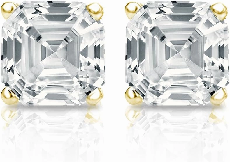14k Yellow Gold 4-Prong Basket Asscher Diamond Men Stud Earrings (1/2-2ct,White,SI2-I1) Push-Back