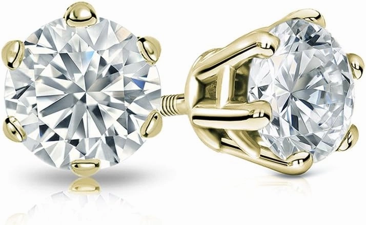 14k Yellow Gold 6-Prong Basket Round Men Diamond Stud Earrings (1/4-2 ct, Good, I1-I2) Push-Back