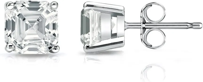 18k Gold 4-Prong Basket Asscher Diamond Stud Earrings (1/2-2ct,G-H,VS2-SI1) Push-Back