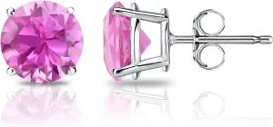 18k White Gold Round Pink Sapphire Gemstone Stud Earrings in 4-Prong Basket Push Backs (1 cttw)