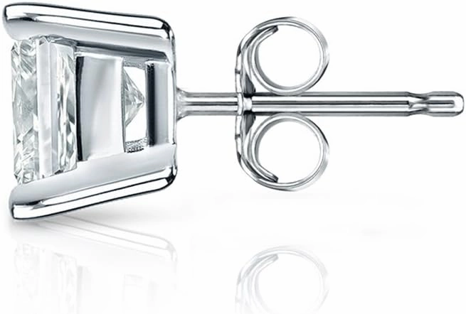 18k White Gold 4-Prong Basket Princess Diamond Men's SINGLE STUD Earring (1/8-1ct,O.White,I1-I2) Push-Back