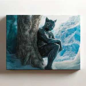 (20 x 16 x 1.25 IN) Gallery Wrapped Canvas Wall Art Print of Dada : Black Panther Leaning Against a Tree in a Glistening Glacial Cave, Inspiring Determination and Strength - Stunnin - 925UNCAi465203WH