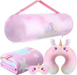 4 Pcs Unicorn Travel Pillow and Blanket Set for Kids Unicorn Airplane Blanket Memory Foam Neck Pillow Eye Mask Pink Storage Bag Kids Travel Essential Gifts for Girl Airplane Car Trip Home Use
