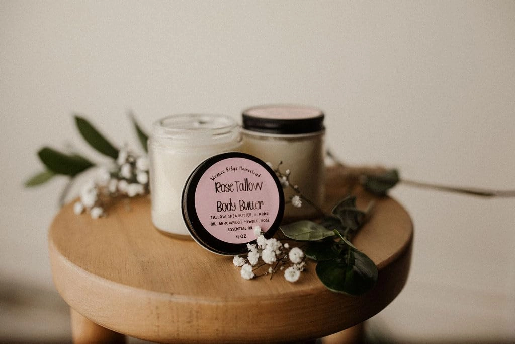 4 Ounce Beef Tallow Body Butter, Natural Moisturizer (4 oz, Rose)