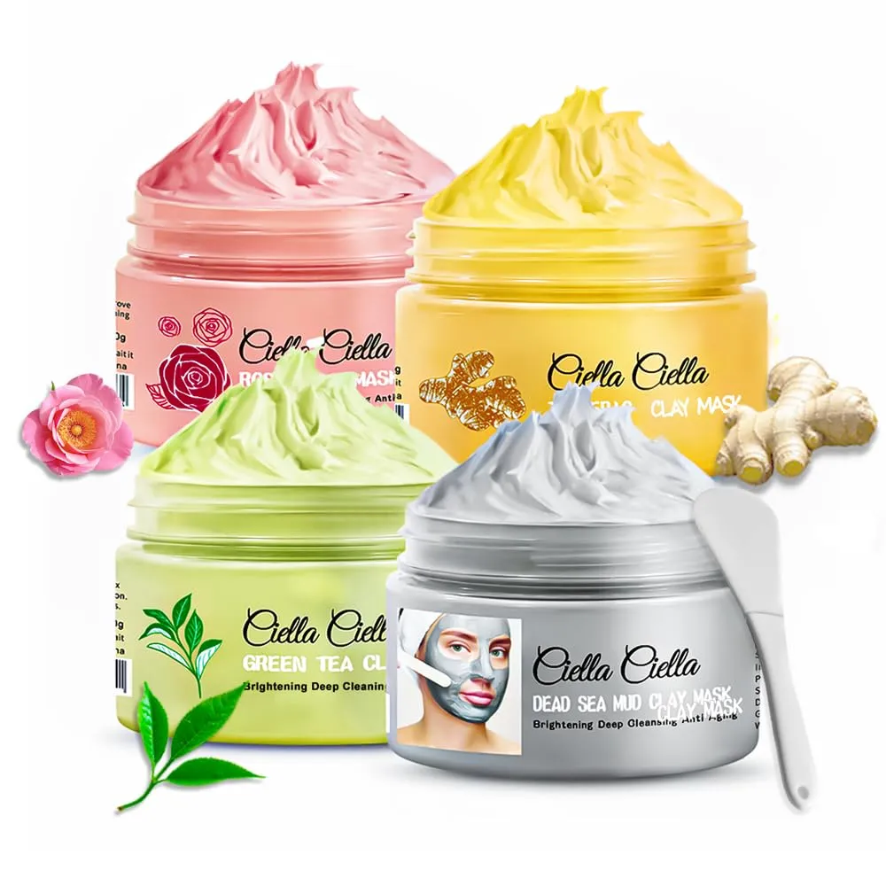 4pcs Clay Mask for Face,Dead Sea Mud Mask,Mud Masks for Face,Pore Cleansing Mask,Facial Masks for Women Skin Care,Green Tea Face Mask,Tumeric Face Mask,Rose Face Mask(16.93oz)
