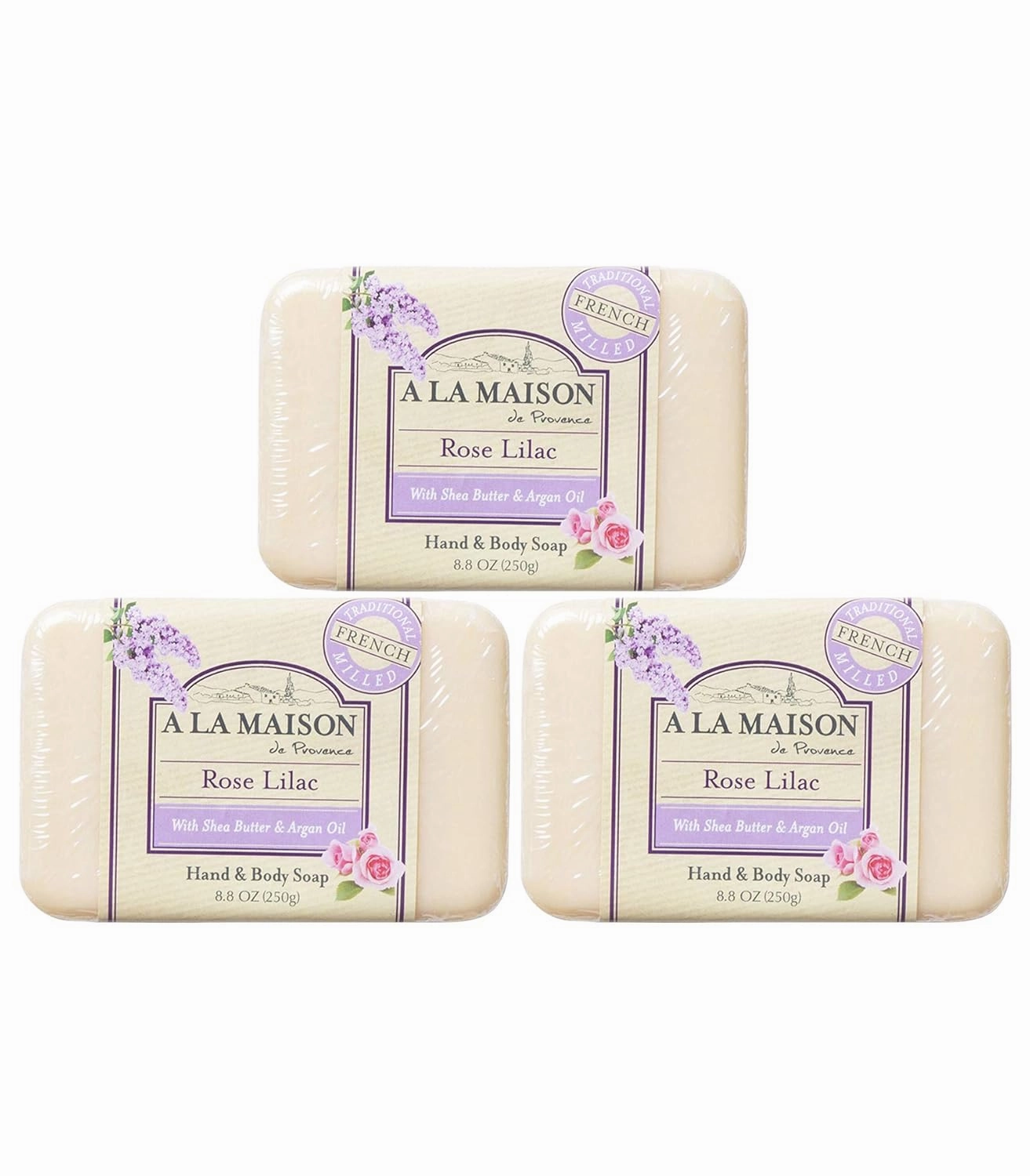 A LA MAISON Rose Lilac Bar Soap - Triple French Milled Natural Moisturizing Hand Soap Bars (1 Bar of Soap, 8.8 oz)