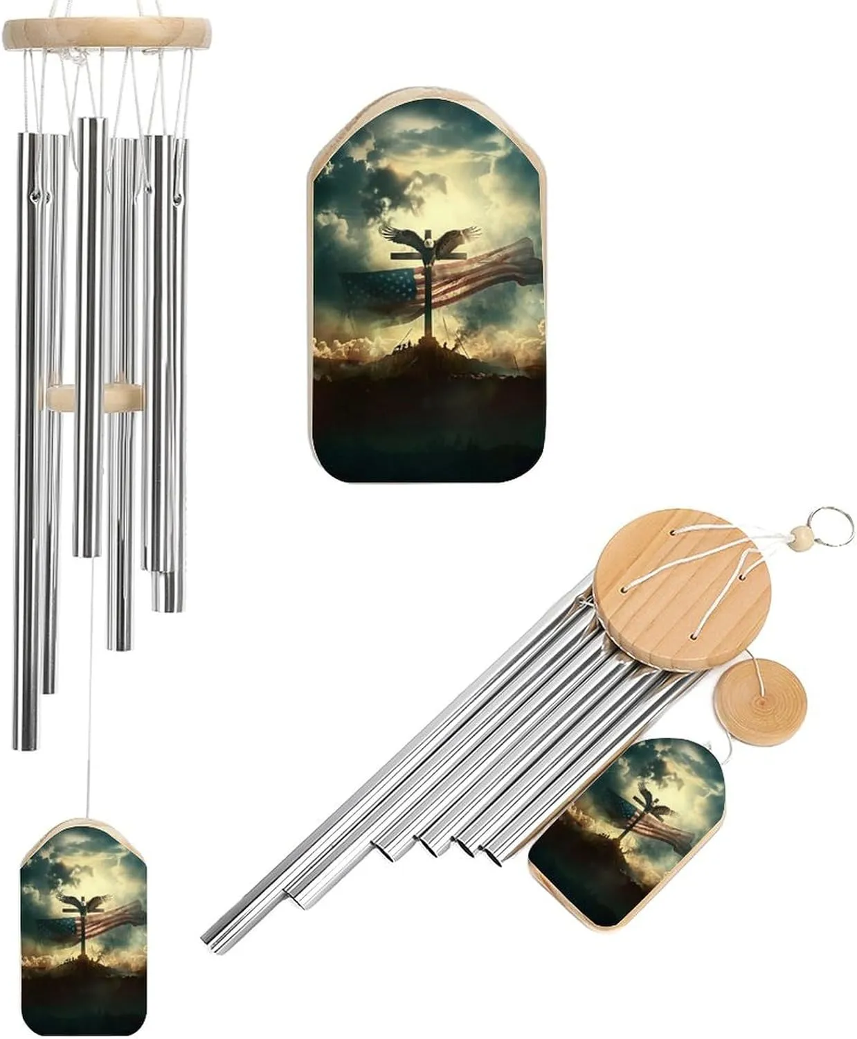 American Flag Cross Eagle Wings Wind Chimes Outside with Relaxing Rich Sound, Memorial Wind Chimes Gifts Porch Garden Backyard