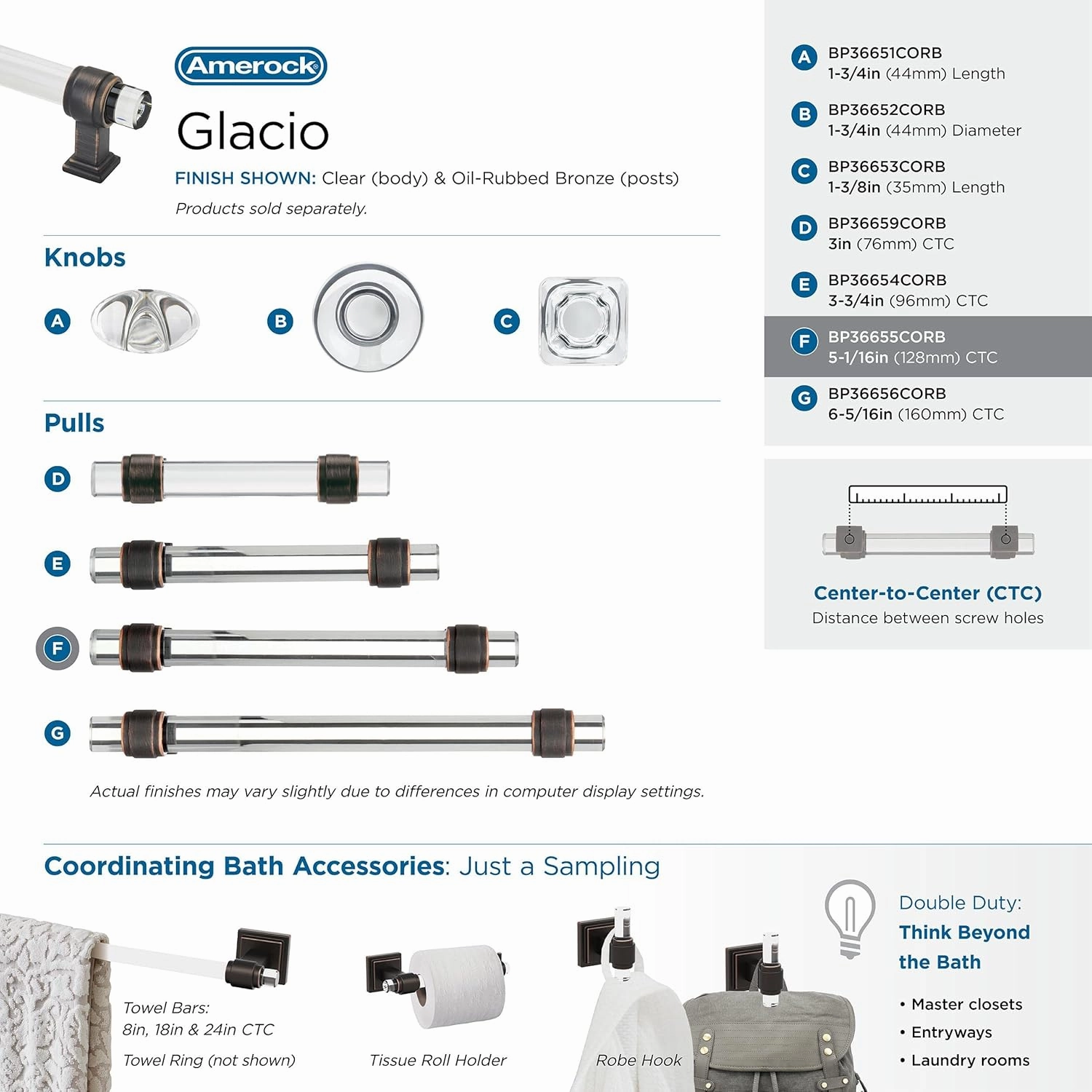 Amerock | Cabinet Pull | Clear/Oil-Rubbed Bronze | 5-1/16 inch (128 mm) Center to Center | Glacio | 1 Pack | Drawer Pull | Drawer Handle | Cabinet Hardware