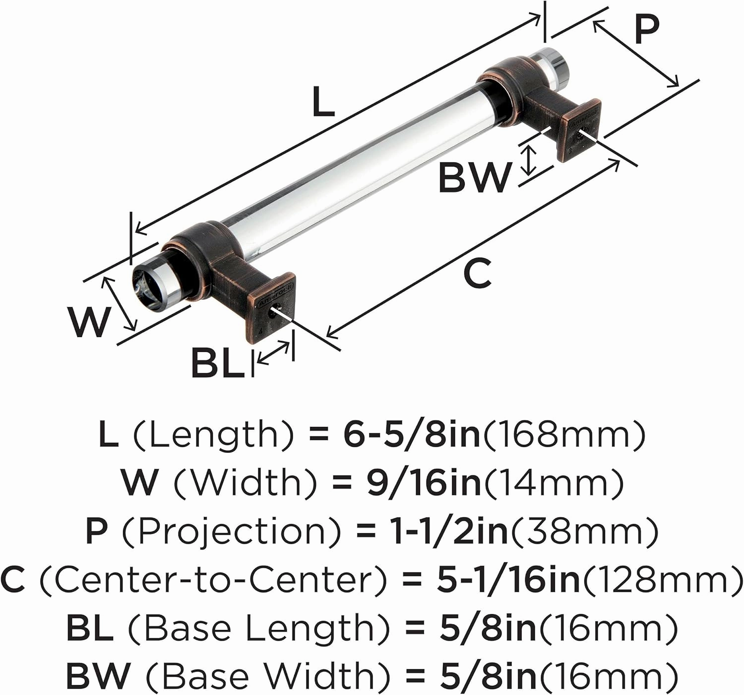 Amerock | Cabinet Pull | Clear/Oil-Rubbed Bronze | 5-1/16 inch (128 mm) Center to Center | Glacio | 1 Pack | Drawer Pull | Drawer Handle | Cabinet Hardware