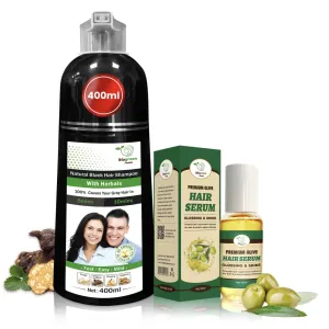 Ammonia-Free Herbal Shampoo & Olive Oil Serum – Covers Gray Hair, Nourishes & Adds Shine – For Dry, Frizzy, Damaged Hair – No Stain on Skin - 400ml Shampoo & 100ml Serum