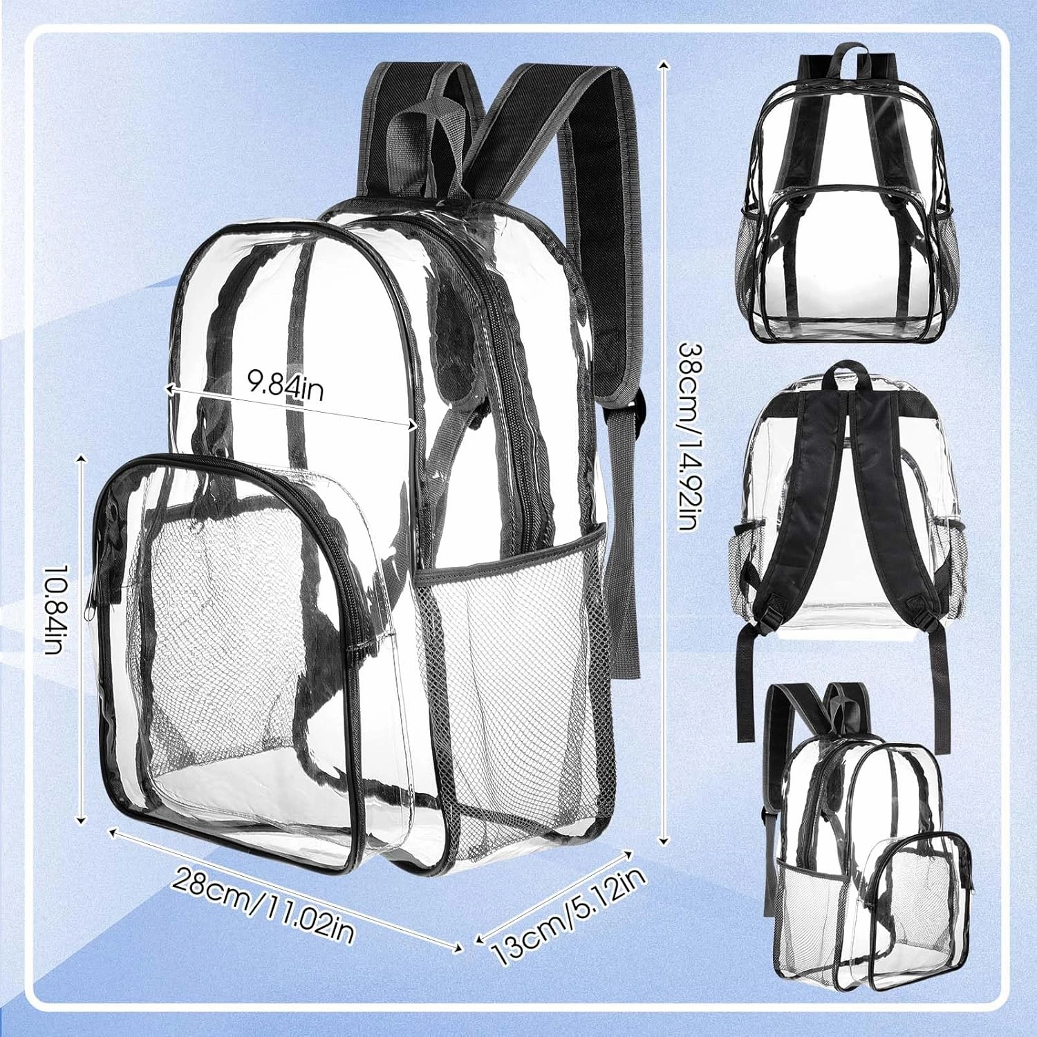 Amylove 6 Pcs Clear Backpack Bulk Stadium Approved Heavy Duty Clear Backpacks for Travel Security Sport (15 Inches,Black)