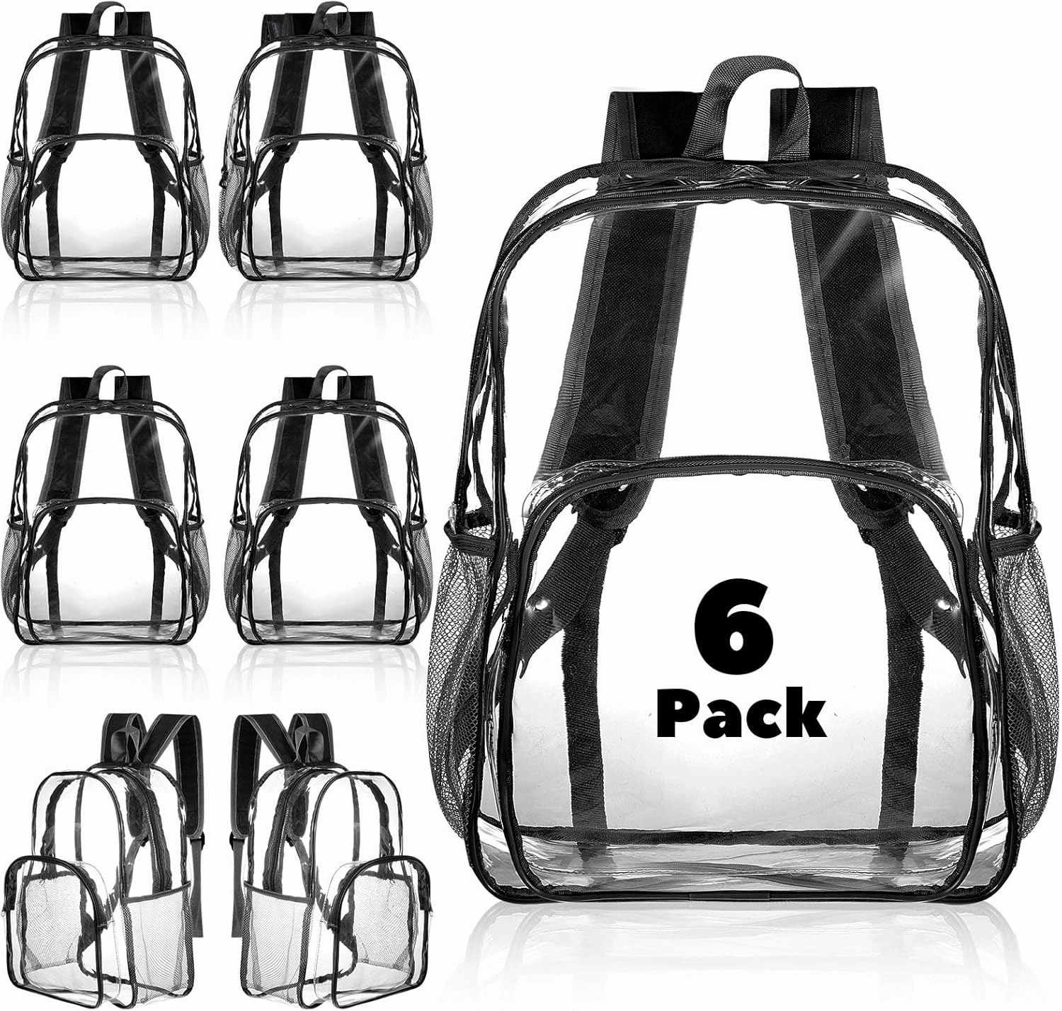 Amylove 6 Pcs Clear Backpack Bulk Stadium Approved Heavy Duty Clear Backpacks for Travel Security Sport (15 Inches,Black)