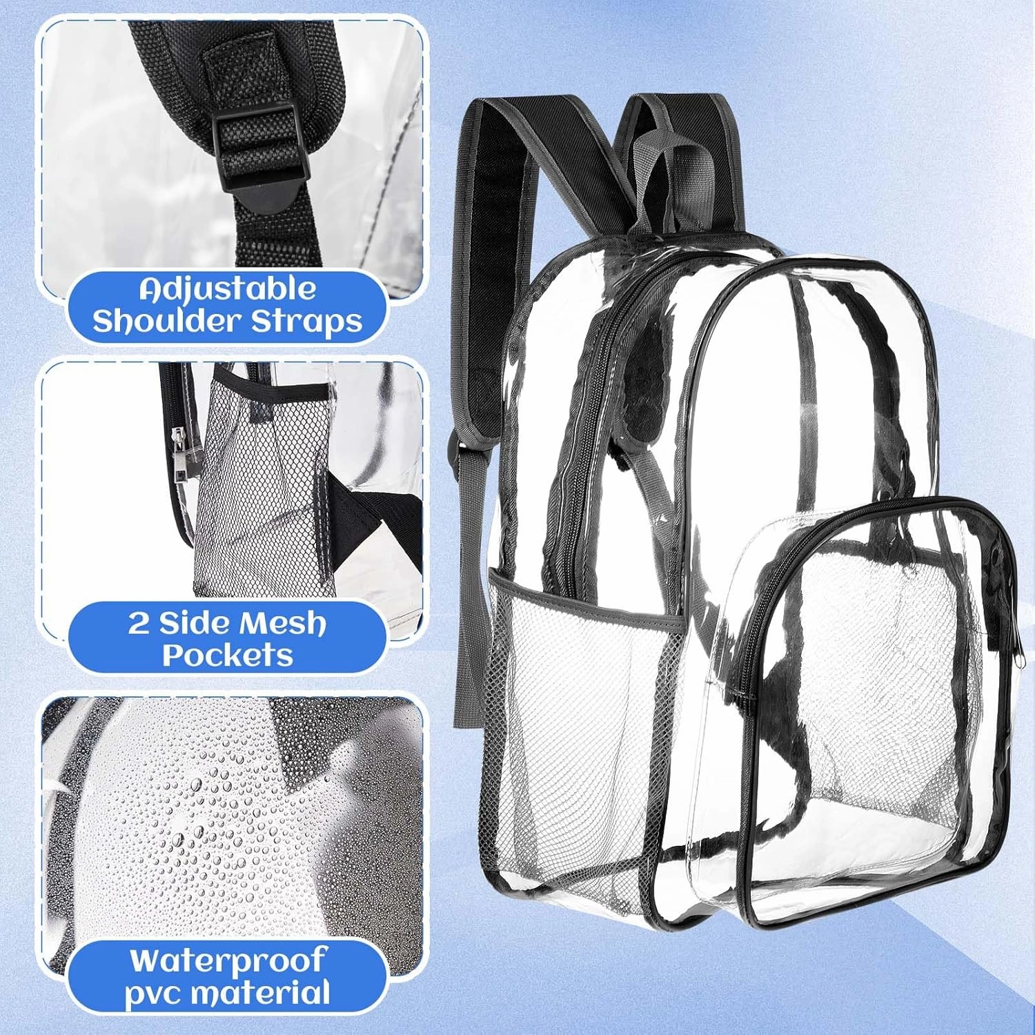 Amylove 6 Pcs Clear Backpack Bulk Stadium Approved Heavy Duty Clear Backpacks for Travel Security Sport (15 Inches,Black)