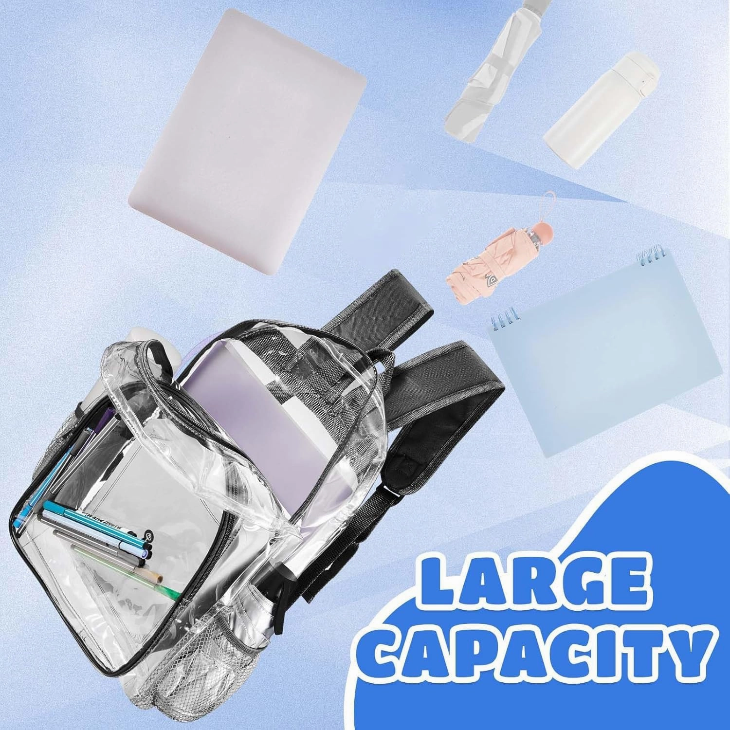 Amylove 6 Pcs Clear Backpack Bulk Stadium Approved Heavy Duty Clear Backpacks for Travel Security Sport (15 Inches,Black)