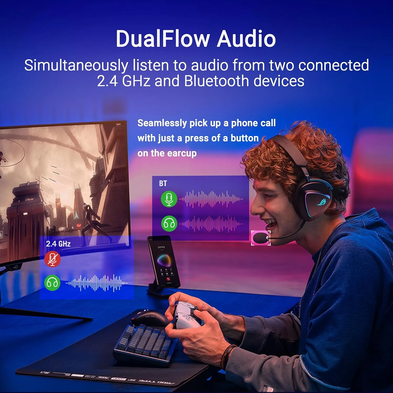 ASUS ROG Delta II Wireless Gaming Headset (BT, ROG SpeedNova 2.4GHz, 3.5mm, 50mm Titanium-Plated Drivers, 10mm Super-Wideband Mic, 110HR Battery, DualFlow Audio, for PC, Switch, PS5, Xbox)- Black
