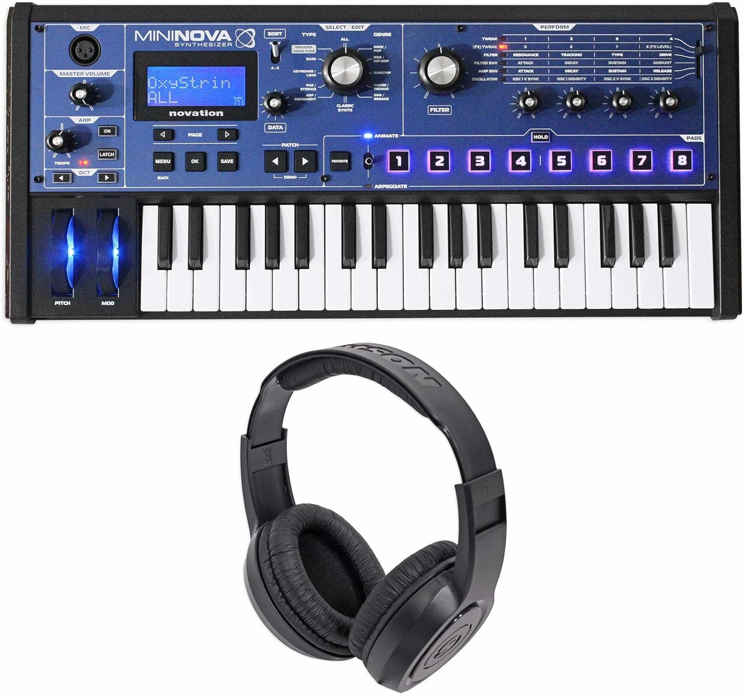 Audiosavings Bundle: MiniNova 37-Key Compact Studio Live Sound USB MIDI Keyboard Synthesizer Bundle with SR350 Over Ear Closed Back Studio Monitoring Stereo Headphones (2 Items)