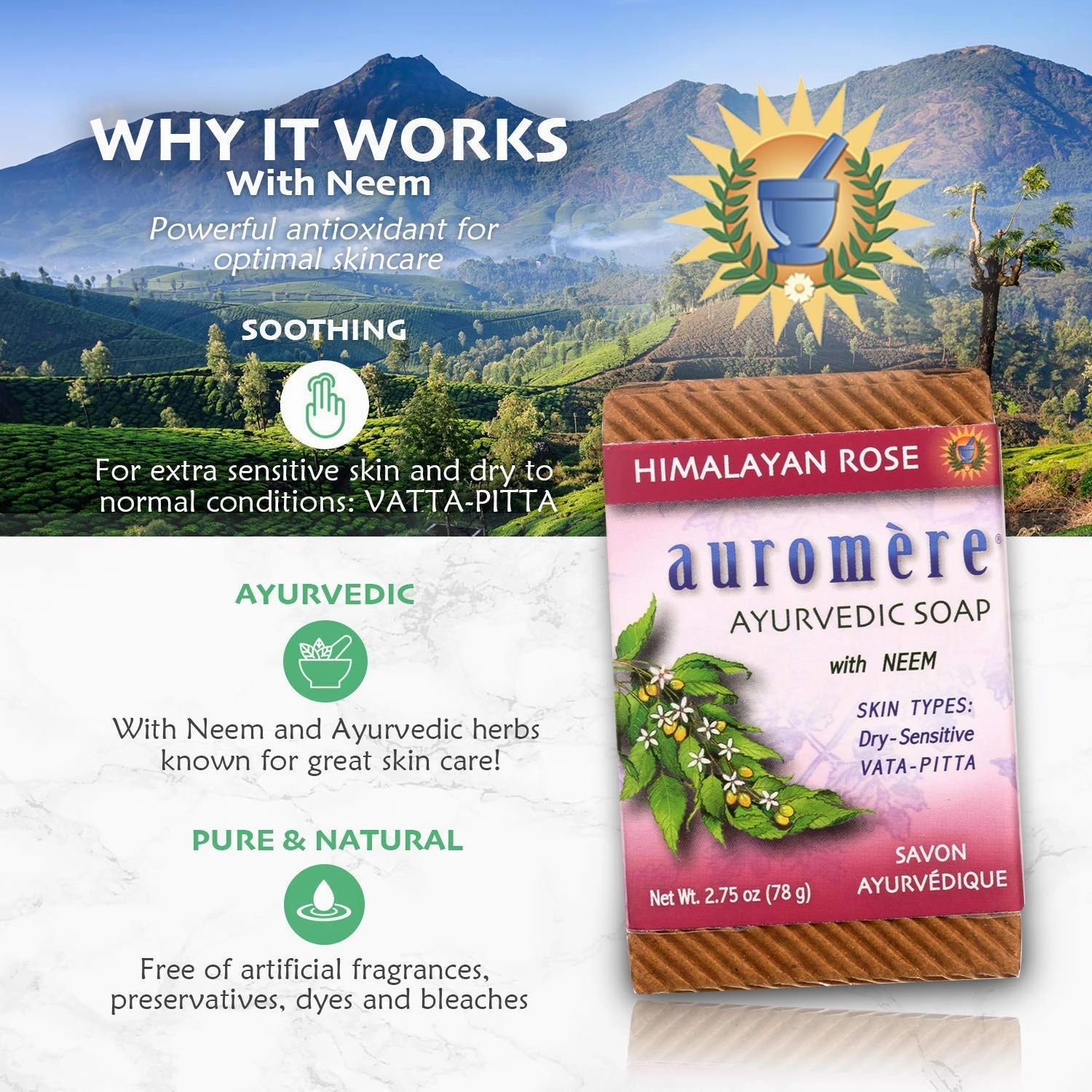 Auromere Ayurvedic Bar Soap, Himalayan Rose - Eco Friendly, Handmade, Vegan, Cruelty Free, Natural, Non GMO (2.75 oz), 4 pack