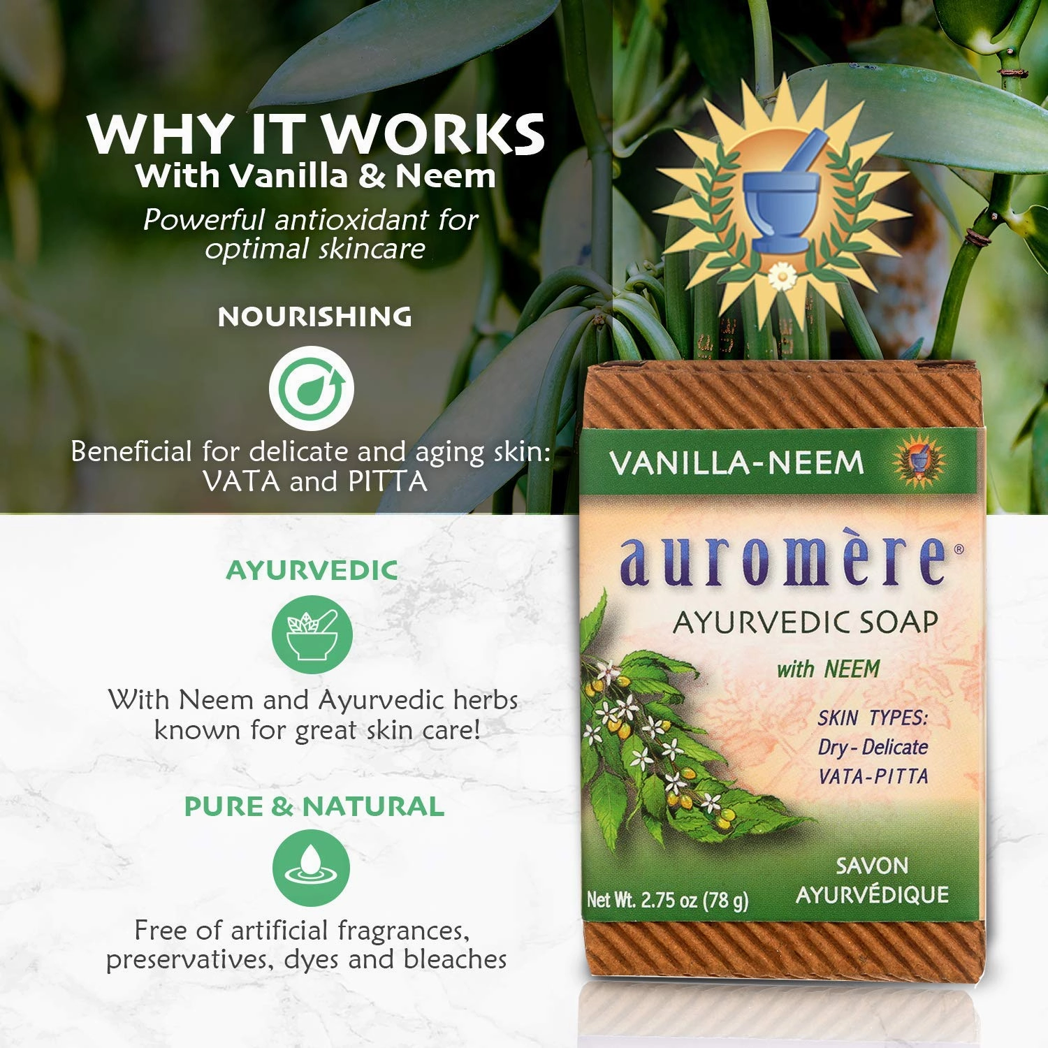 Auromere Ayurvedic Bar Soap, Vanilla Neem - Eco Friendly, Handmade, Vegan, Cruelty Free, Natural, Non GMO (2.75 oz), 5 pack