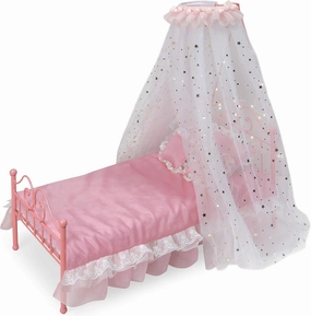 Badger Basket Starlights LED Canopy Metal Doll Bed with Bedding for 18-Inch Dolls – Pink Design with Mesh Drapery and Decorative Pillows