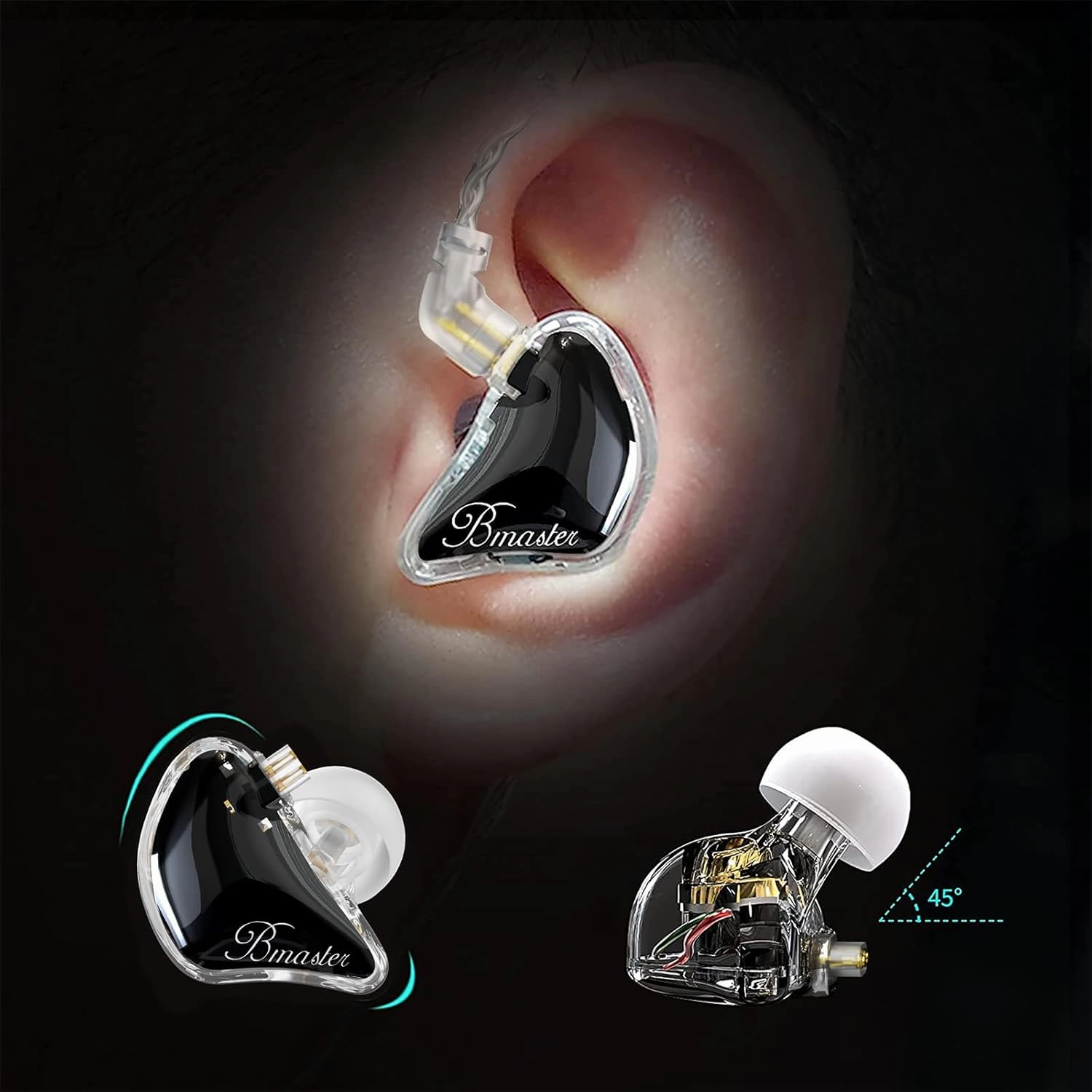 BASN Bmaster 2-Pin Triple Drivers in Ear Monitor Headphone with Two Detachable Cables Fit in Ear Suitable for Audio Engineer, Musician (Black)
