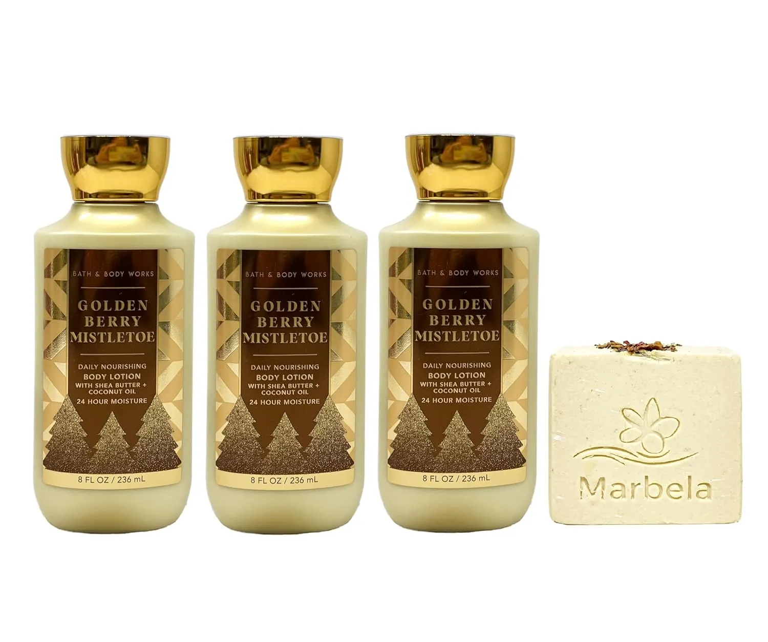 Bath & Body Works Golden Berry Mistletoe 3 Piece Body Lotion Bundle with a Creamy Rose Soap - Full Size